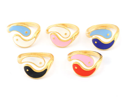 Yin Yang Opposites Enamel Colorful Rings Adjustable Gold Plated Brass ( 6US - 7US inner size) OZ3134