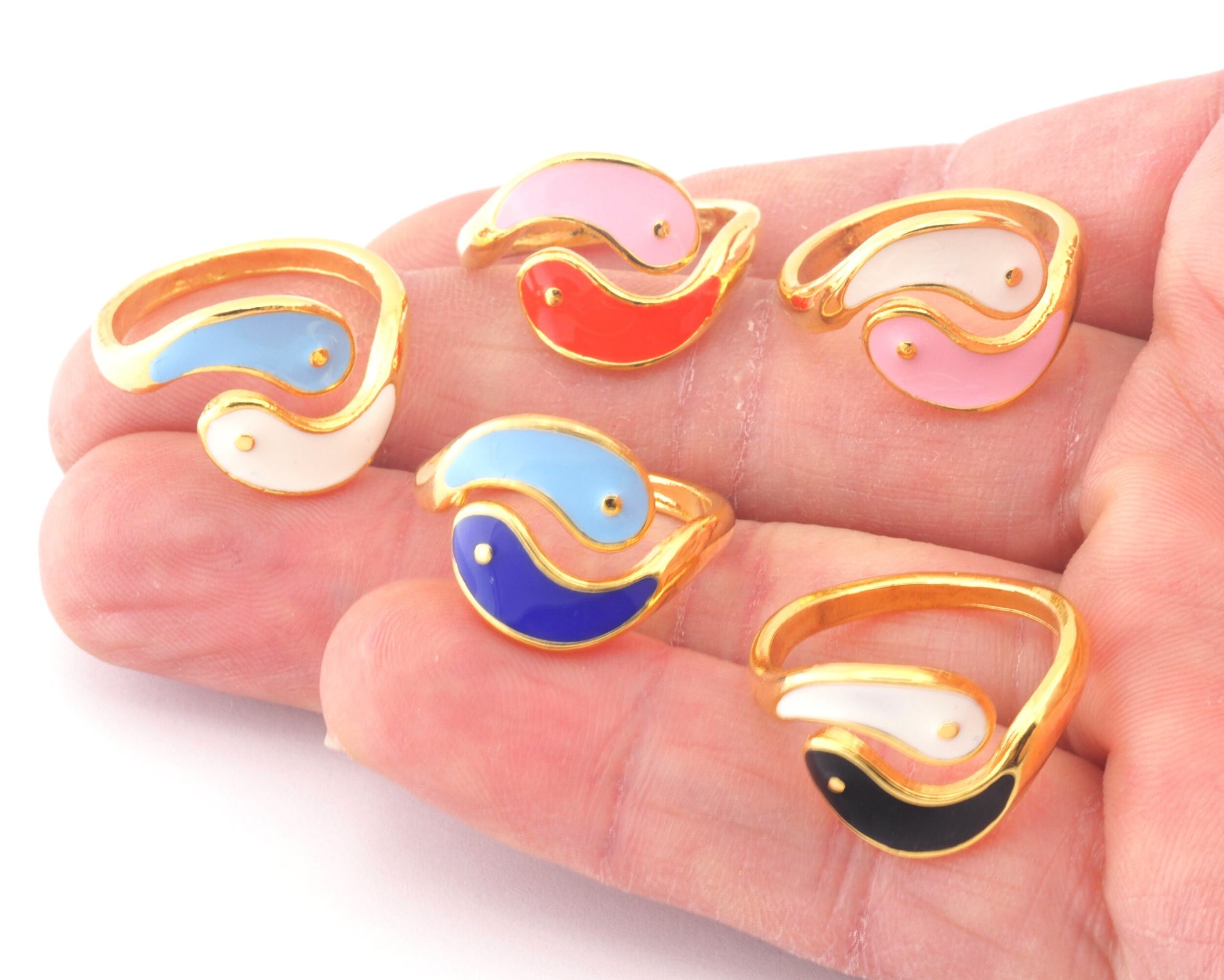 Yin Yang Opposites Enamel Colorful Rings Adjustable Gold Plated Brass ( 6US - 7US inner size) OZ3134