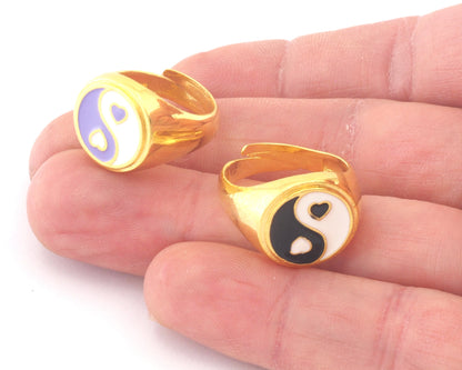 Hearts Yin Yang Opposites Enamel Colorful Rings Adjustable Gold Plated Brass ( 6US - 8US inner size) OZ4759