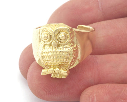 Owl Bird Signet Adjustable Ring Raw brass (10US - 13US inner size) OZ4736