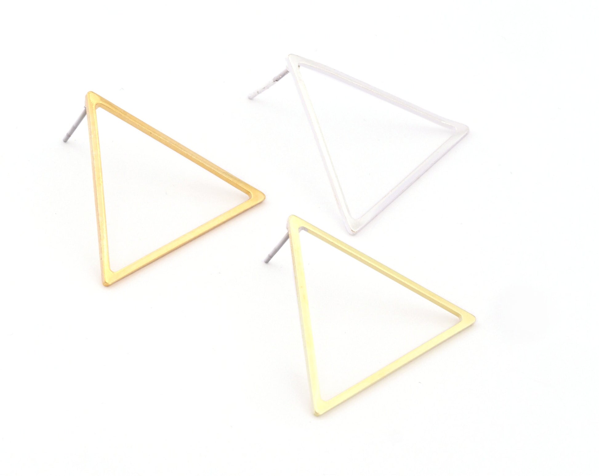 Triangle Earring Stud Posts, Raw, Shiny Silver, Gold plated brass , 25mm S236