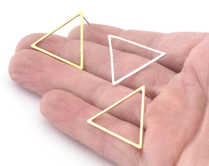 Triangle Earring Stud Posts, Raw, Shiny Silver, Gold plated brass , 25mm S236