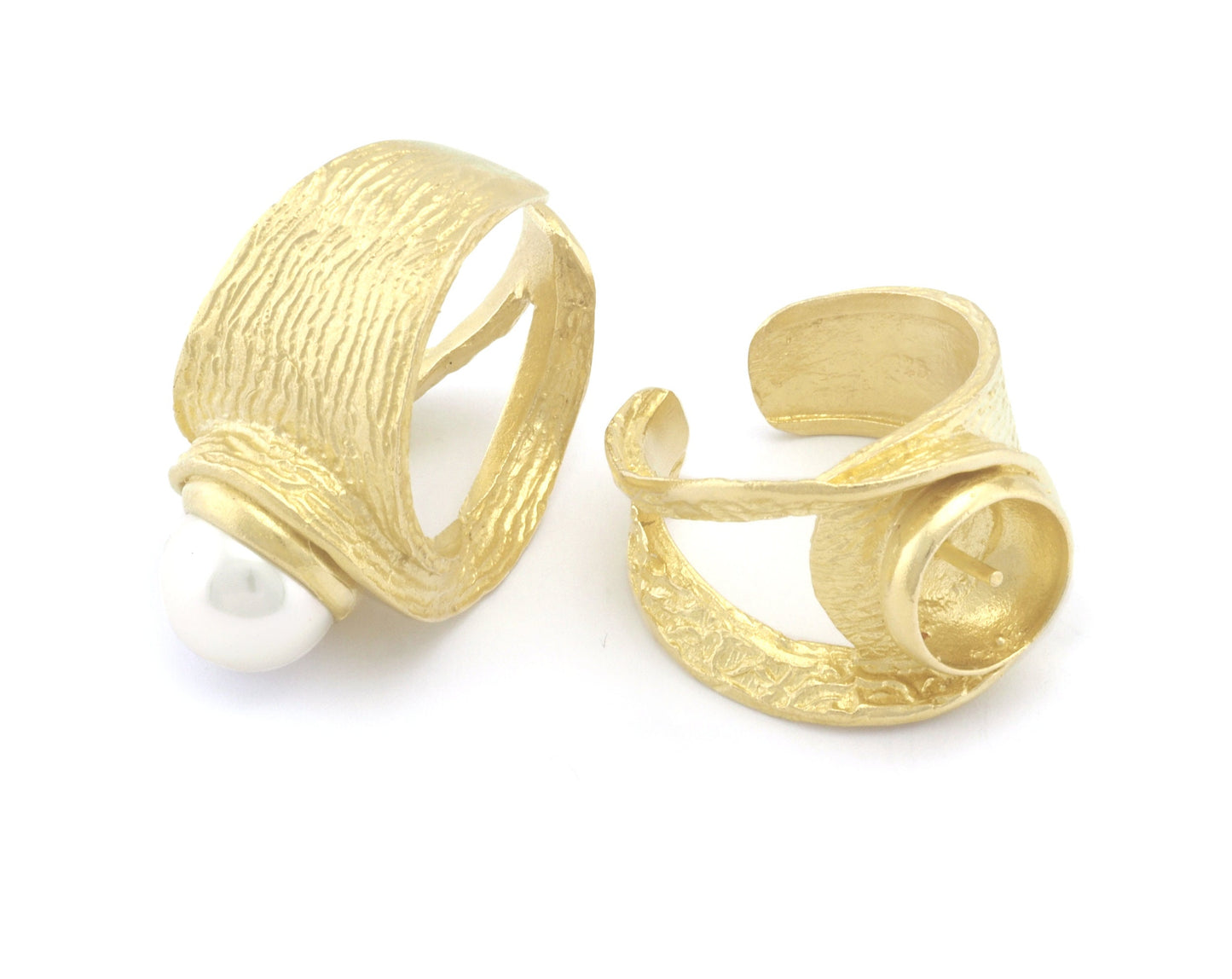 Adjustable Ring Half Drilled Pearl Bezel Raw Brass, Antique silver, Shiny silver, Shiny Gold 10 mm Round Setting (7US - 9US size ) 4788