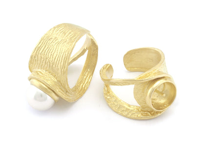 Adjustable Ring Half Drilled Pearl Bezel Raw Brass, Antique silver, Shiny silver, Shiny Gold 10 mm Round Setting (7US - 9US size ) 4788