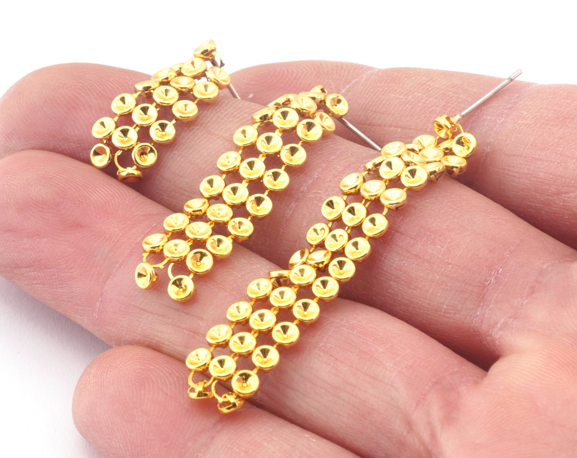 Dangle Stud Cup Discs Earring Base Blank Bezel Settings Shiny gold Plated Brass 57-40-25mm findings (3mm blanks) 4760