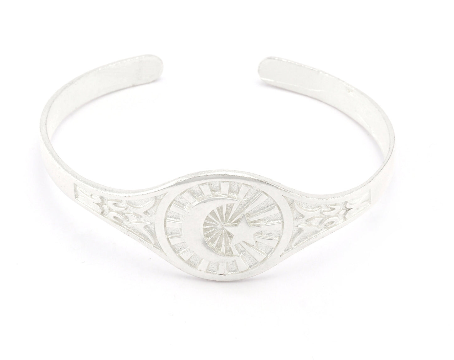 Crescent Moon Star Bracelet Shiny Silver Plated Brass (50 - 62 mm inner size - Adjustable ) OZ4749