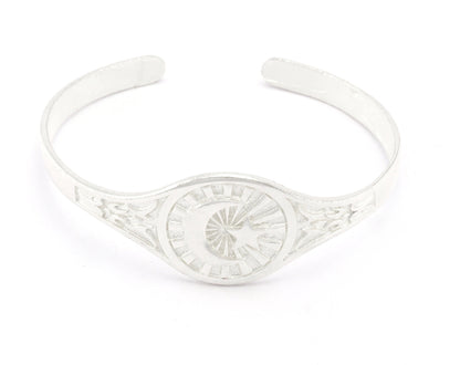 Crescent Moon Star Bracelet Shiny Silver Plated Brass (50 - 62 mm inner size - Adjustable ) OZ4749