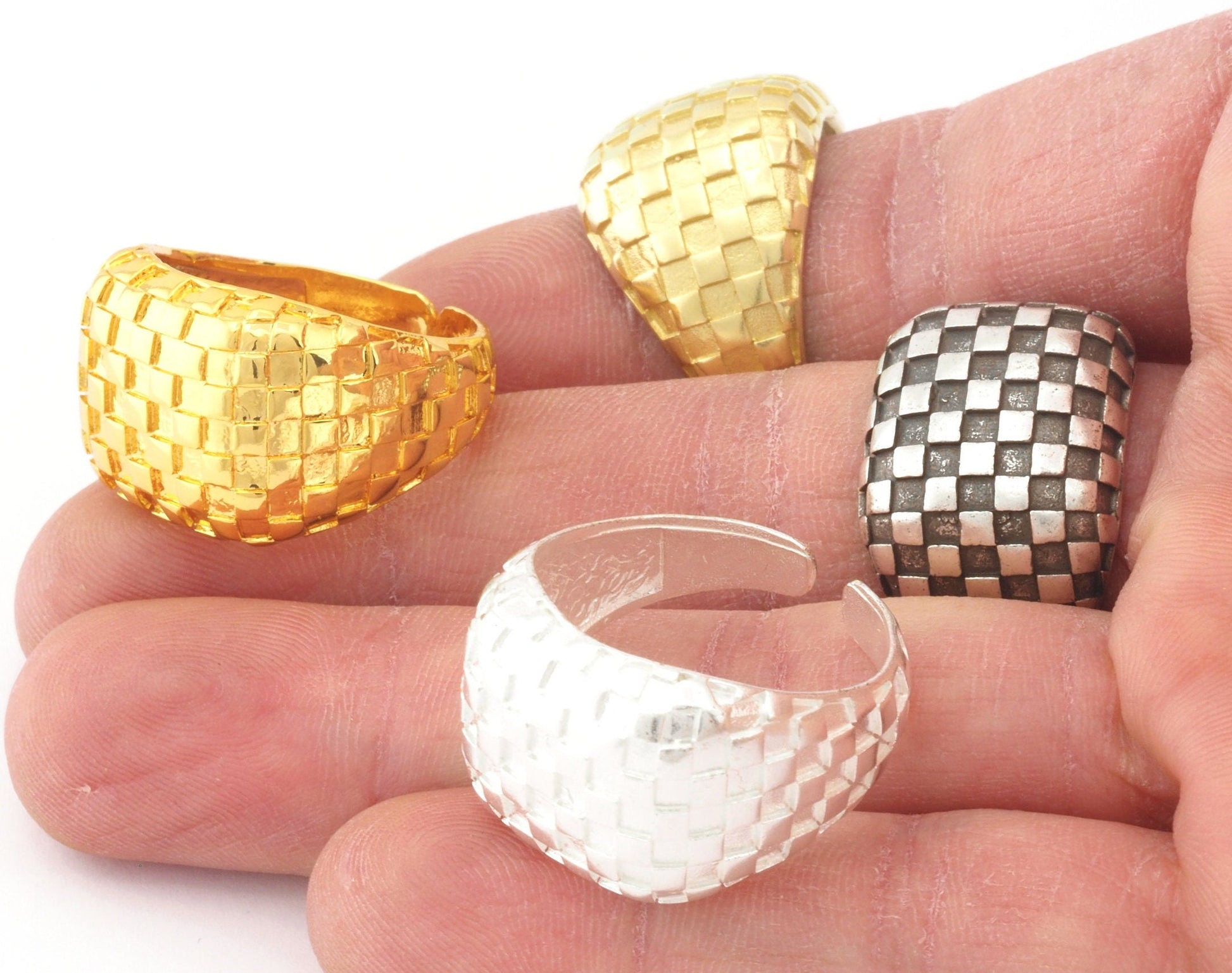 Checker Chess Squares Signet Adjustable Ring Raw Brass - Antique silver - Shiny silver - Shiny gold Plated (10US - 12US inner size) 4742