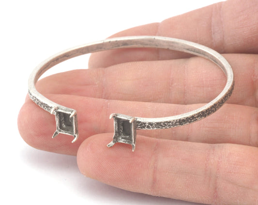 Octagon Rectangle Textured Bracelet Cuff Bezel Blank Settings Base Antique Silver Plated brass (60mm inner size - Adjustable)(8x6mm) OZ4762