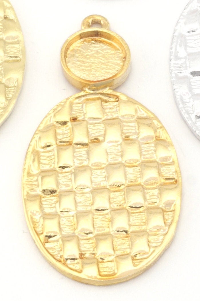 Oval Setting Blank Pendant Woven Textured Raw, Shiny, Antique Silver , Gold Plated Brass 42mm 1.5mm thickness 4777