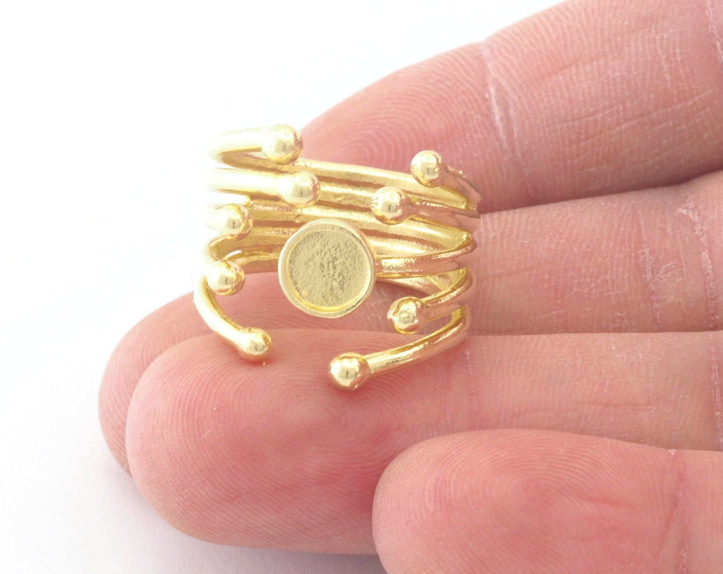 Art Ball Head Ring Adjustable Ring Bezel Raw Shiny, Antique Silver, Gold Plated Brass 6 mm Round Setting (7US - 9USinner size ) 4809