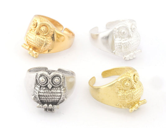 Owl Bird Animal Adjustable Ring Raw Brass - Antique silver - Shiny silver - Shiny gold Plated (10US - 13US inner size) 4736