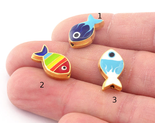 Fish Beads (double-sided) Charms Enamel Filled Charms Gold Plated 16x10mm findings 4811