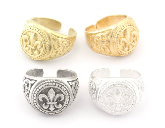 Lily Flower Fleur de lis Signet Adjustable Ring Raw Brass - Antique silver - Shiny silver - Shiny gold Plated (9US - 12US inner size) 4731