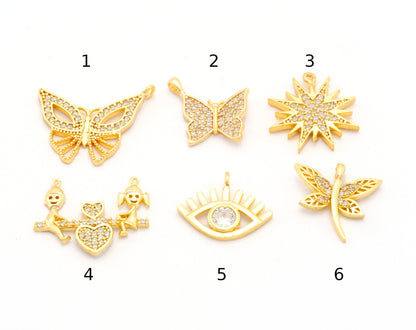 Butterfly Star Girl boy Seesaw Eye Dragonfly Charms Pendant Crystals Cubic Zirconia , Gold plated brass small charms 4812