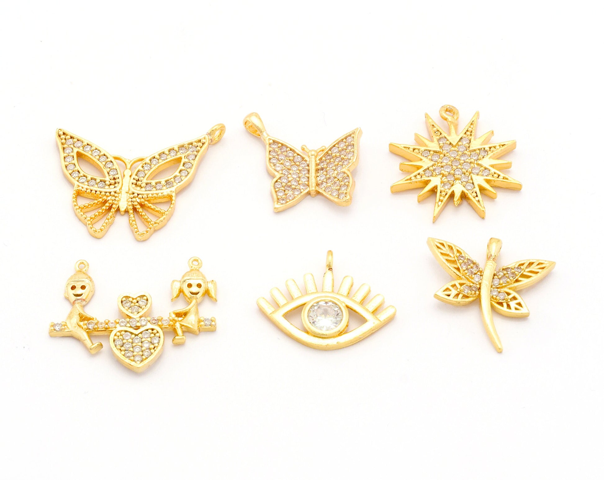 Butterfly Star Girl boy Seesaw Eye Dragonfly Charms Pendant Crystals Cubic Zirconia , Gold plated brass small charms 4812