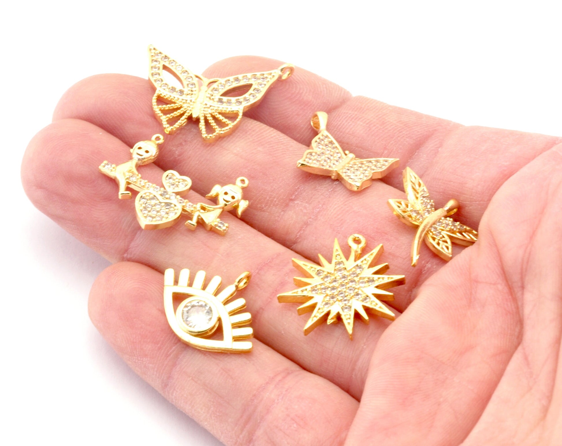 Butterfly Star Girl boy Seesaw Eye Dragonfly Charms Pendant Crystals Cubic Zirconia , Gold plated brass small charms 4812