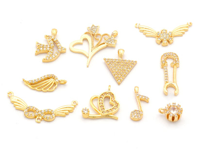 Fish Flower Heart Infinity Wings Note Charms Pendant Crystals Cubic Zirconia , Gold plated brass charms 4812