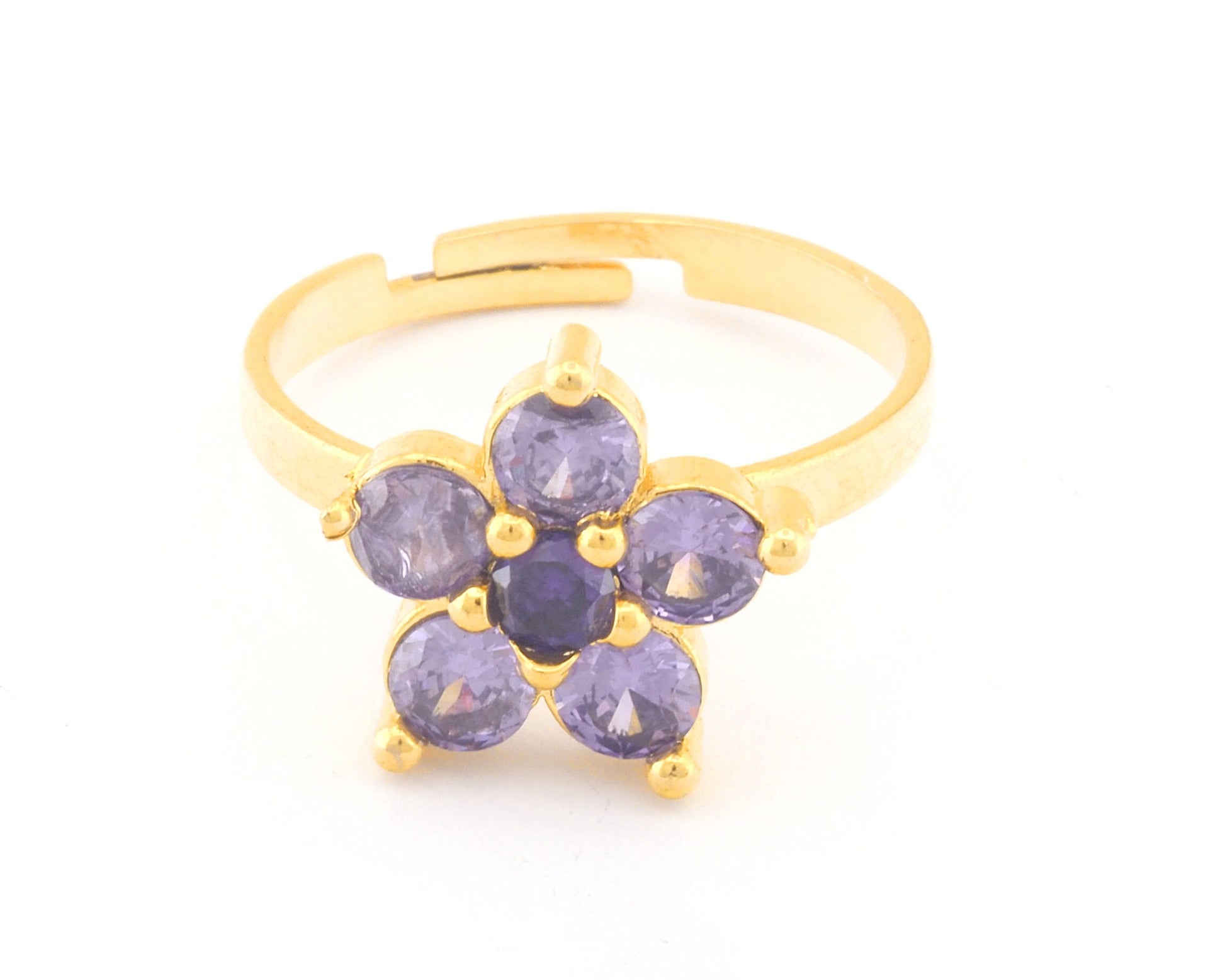 Flowers Gold Plated Brass Adjustable Ring Cubic Zircon Amethyst Color (7US 9US inner size) OZ4758