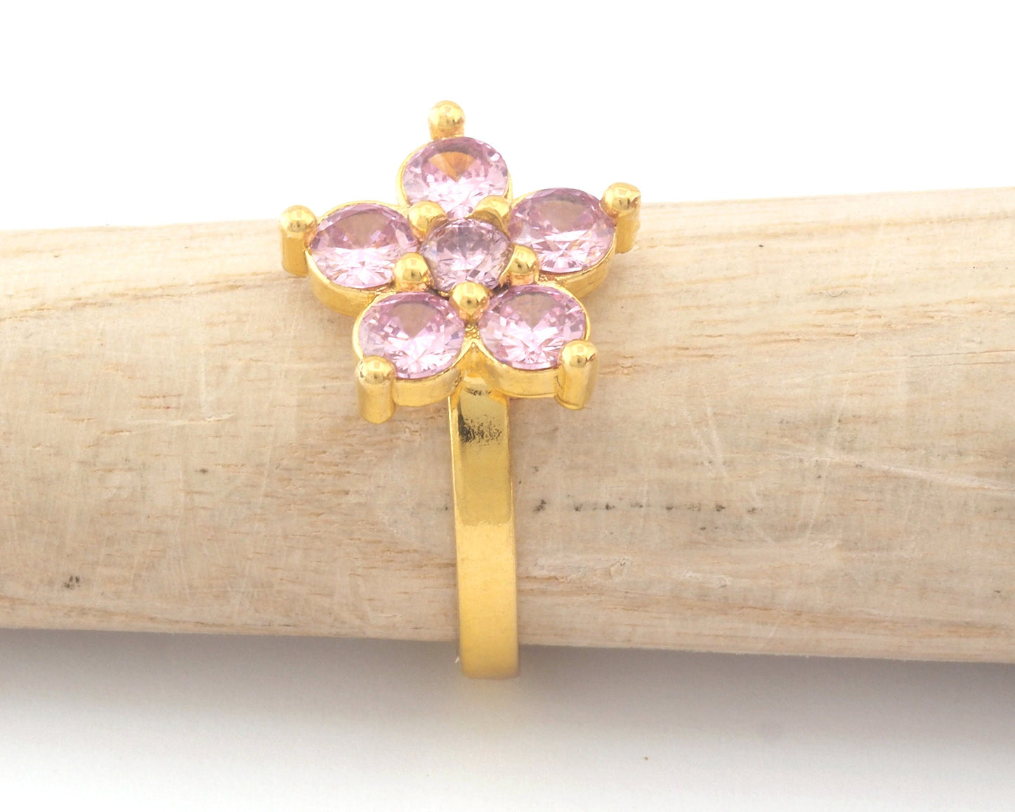 Flowers Gold Plated Brass Adjustable Ring Cubic Zircon Light Rose Color (7US 9US inner size) OZ4758