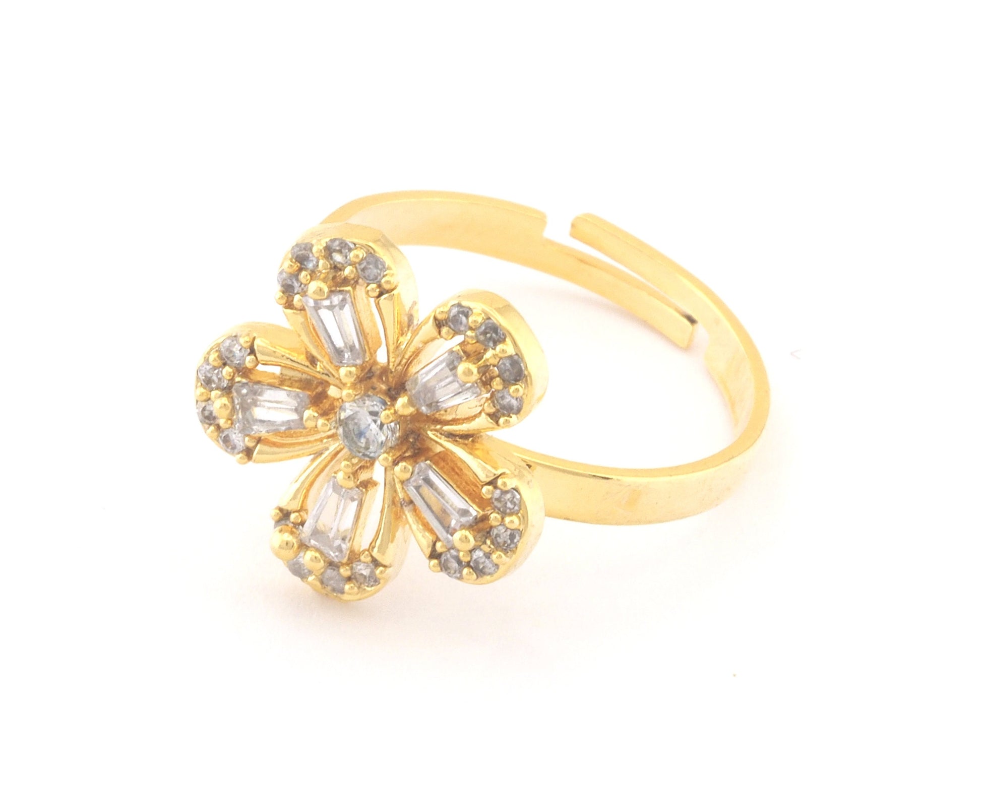 Flowers Gold Plated Brass Adjustable Ring Cubic Zircon Crystals Color (7US 9US inner size) OZ4758