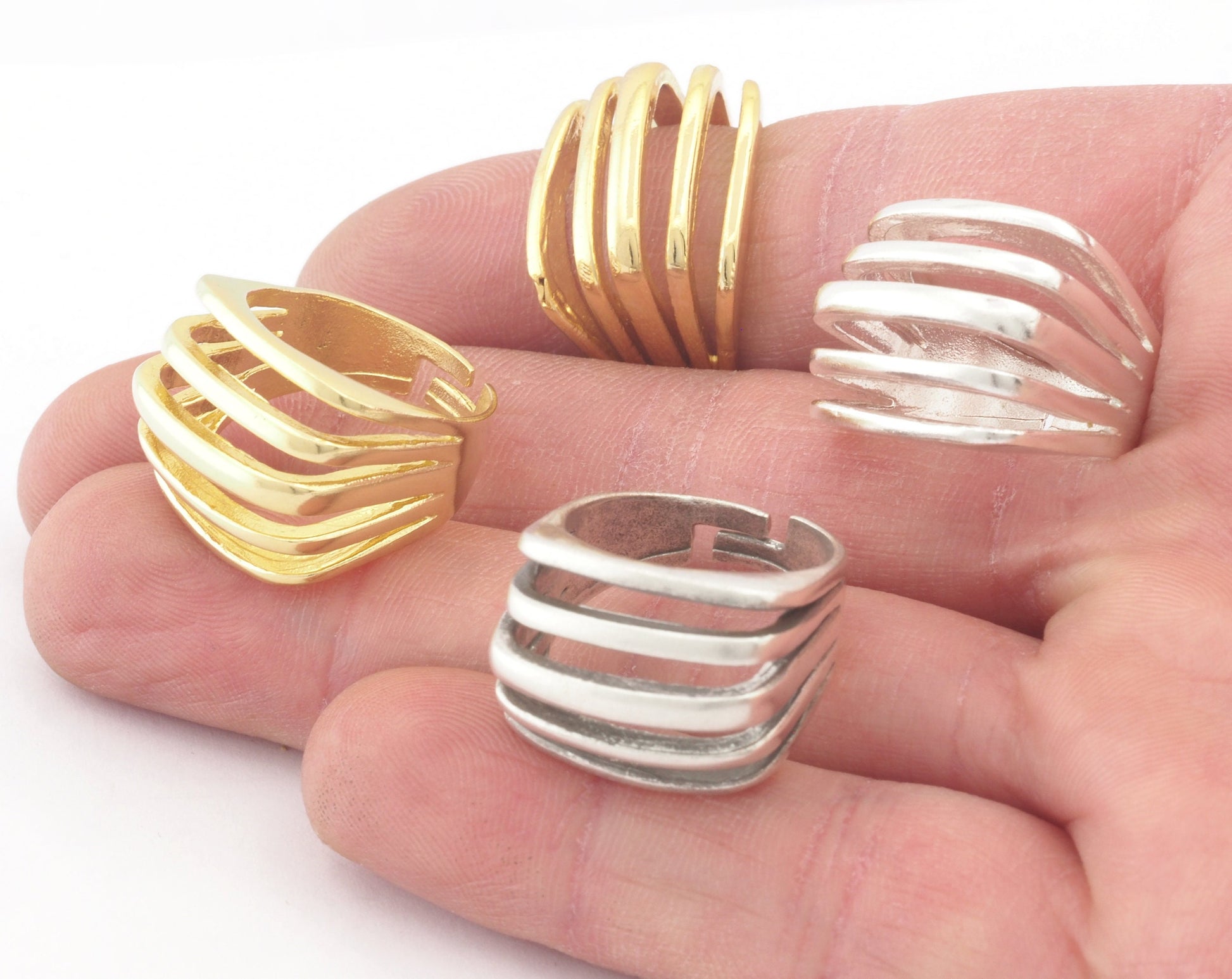 Stripes Statement Ring Adjustable Raw Brass - Antique silver - Shiny silver - Shiny gold plated 4609