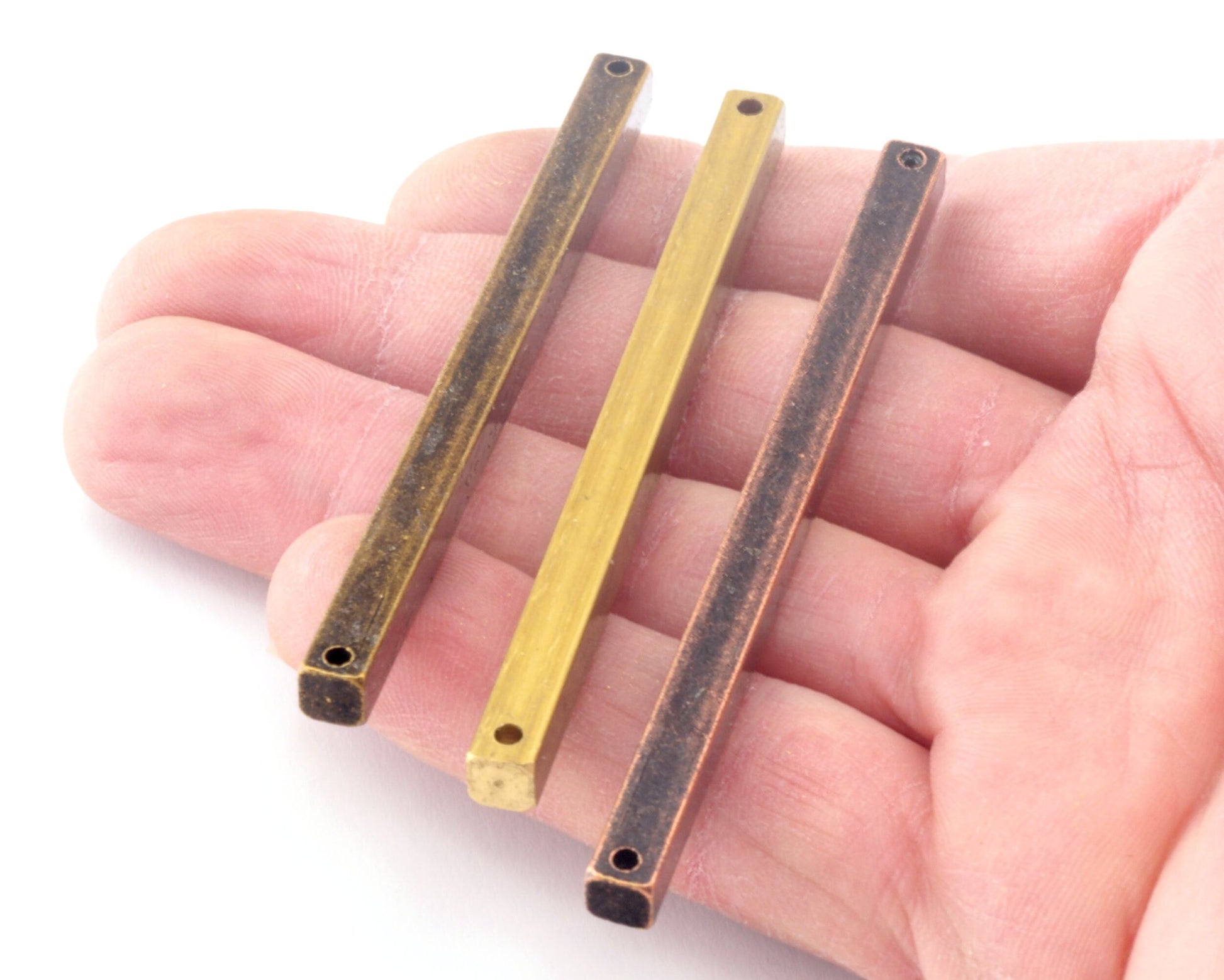 Raw brass bar connector 5x75mm 3/16"x3" square stamping square rod industrial (2mm 5/64" 12 gauge hole ) sbl575- C5/C10