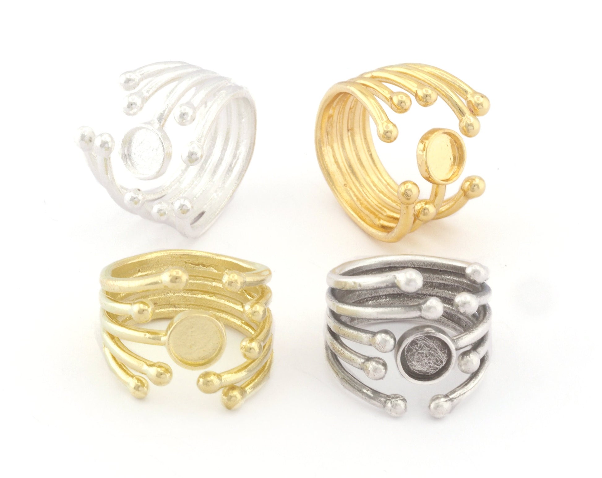 Art Ball Head Ring Adjustable Ring Bezel Raw Shiny, Antique Silver, Gold Plated Brass 6 mm Round Setting (7US - 9USinner size ) 4809