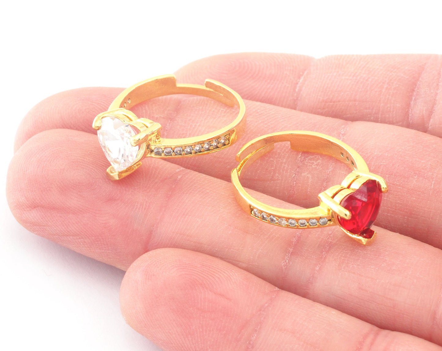 Hearts Gold Plated Brass Adjustable Ring Cubic Zircon Crystals Color (7US 9US inner size) 3671