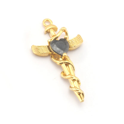 Heart, Wing Sword Pendant With Loop Gold Plated Brass With Crystal 3784