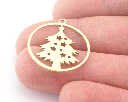 Tree Pine Round Charms Pendant Raw Brass 26x24mm 0.6 mm 1 hole chams 4728