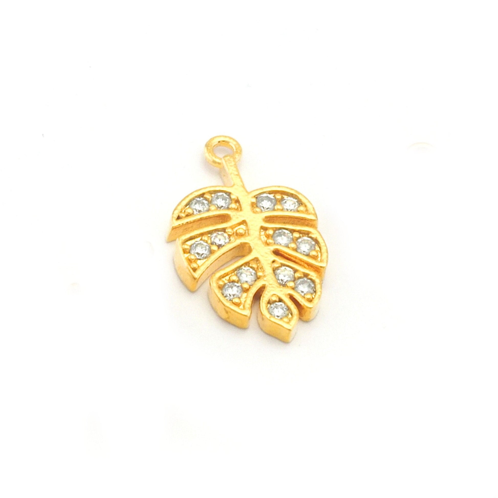 Micro Pave Monstera Leaf pendant one loop Gold plated Brass rhinestone crystals 3254