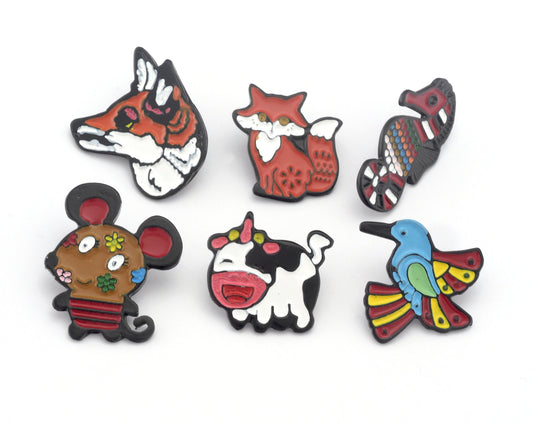 Lapel Pins Fox, Bird, Seahorse, Cow, Mouse Hard Enamel