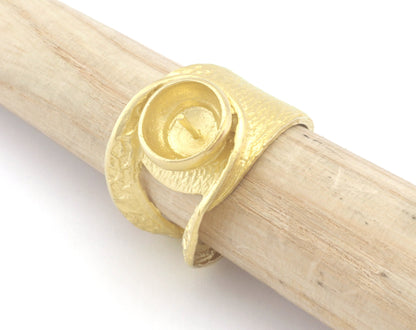 Adjustable Ring Half Drilled Pearl Bezel Raw Brass, Antique silver, Shiny silver, Shiny Gold 10 mm Round Setting (7US - 9US size ) 4788