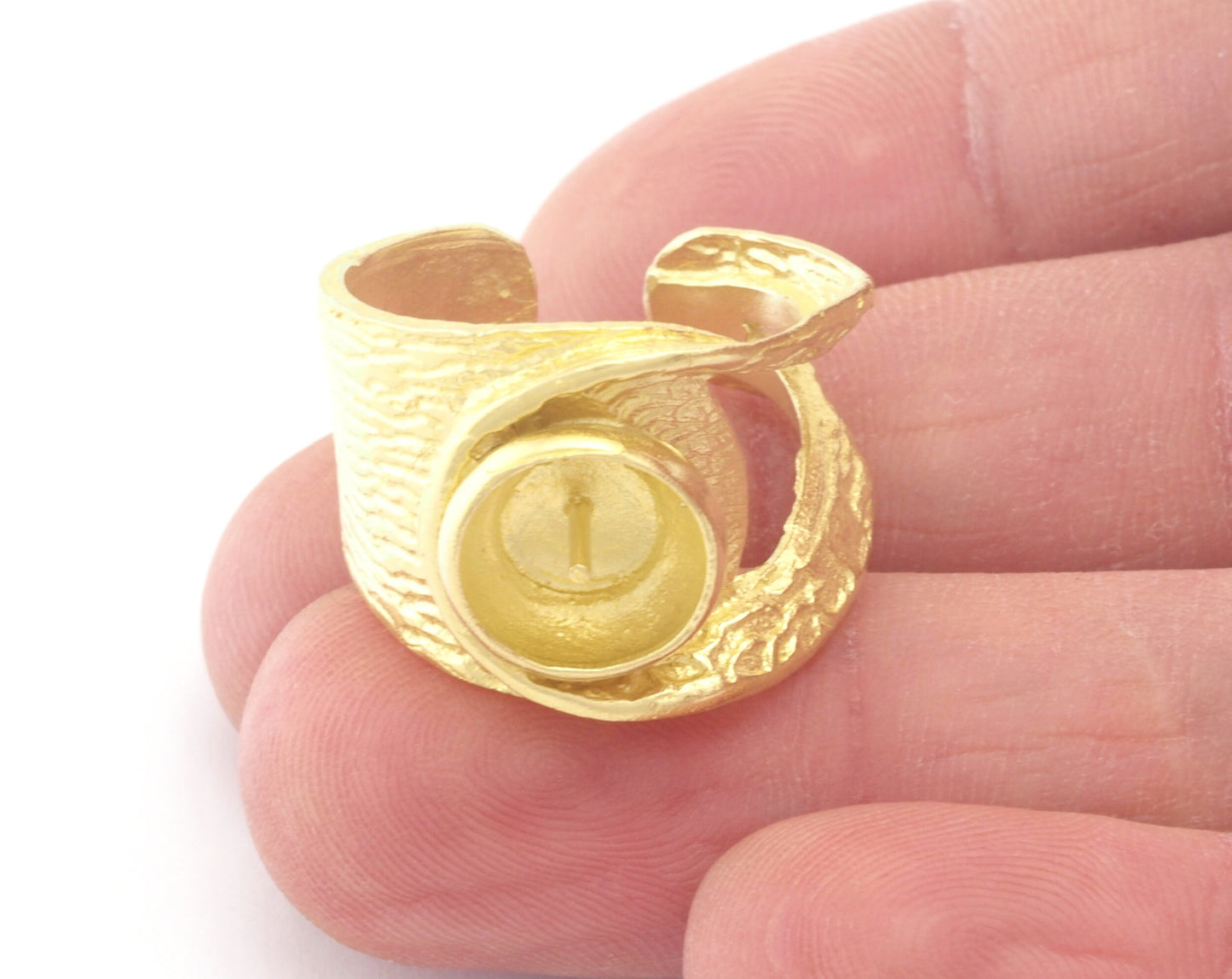 Adjustable Ring Half Drilled Pearl Bezel Raw Brass, Antique silver, Shiny silver, Shiny Gold 10 mm Round Setting (7US - 9US size ) 4788