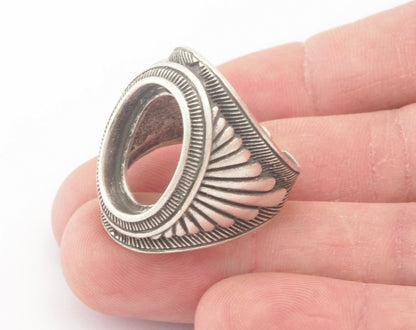 Oval Ethnic Ring Blank Base Glass Cabochon Blank Adjustable ring Antique Silver Plated Brass (18x13mm setting) 9-12US 4750