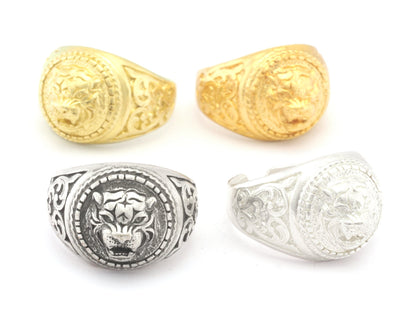 Tiger Lion Wild Cats Signet Adjustable Ring Raw Brass , Antique silver, Shiny Silver, Shiny Gold Plated (10US 12US inner size) OZ4747