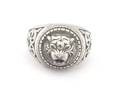 Tiger Lion Wild Cats Signet Adjustable Ring Raw Brass , Antique silver, Shiny Silver, Shiny Gold Plated (10US 12US inner size) OZ4747