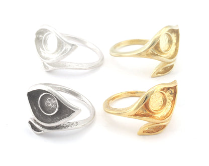Leaf Eye Ring Adjustable Ring Bezel Raw Brass, Antique silver, Shiny Silver, Shiny Gold 6 mm Round Setting (7US - 9USinner size ) 4783