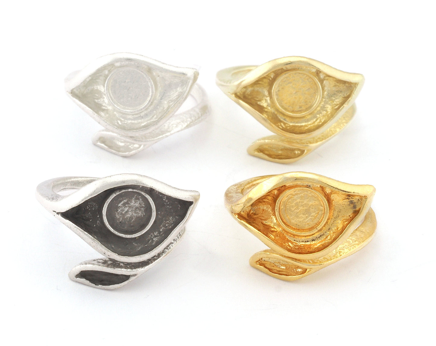 Leaf Eye Ring Adjustable Ring Bezel Raw Brass, Antique silver, Shiny Silver, Shiny Gold 6 mm Round Setting (7US - 9USinner size ) 4783
