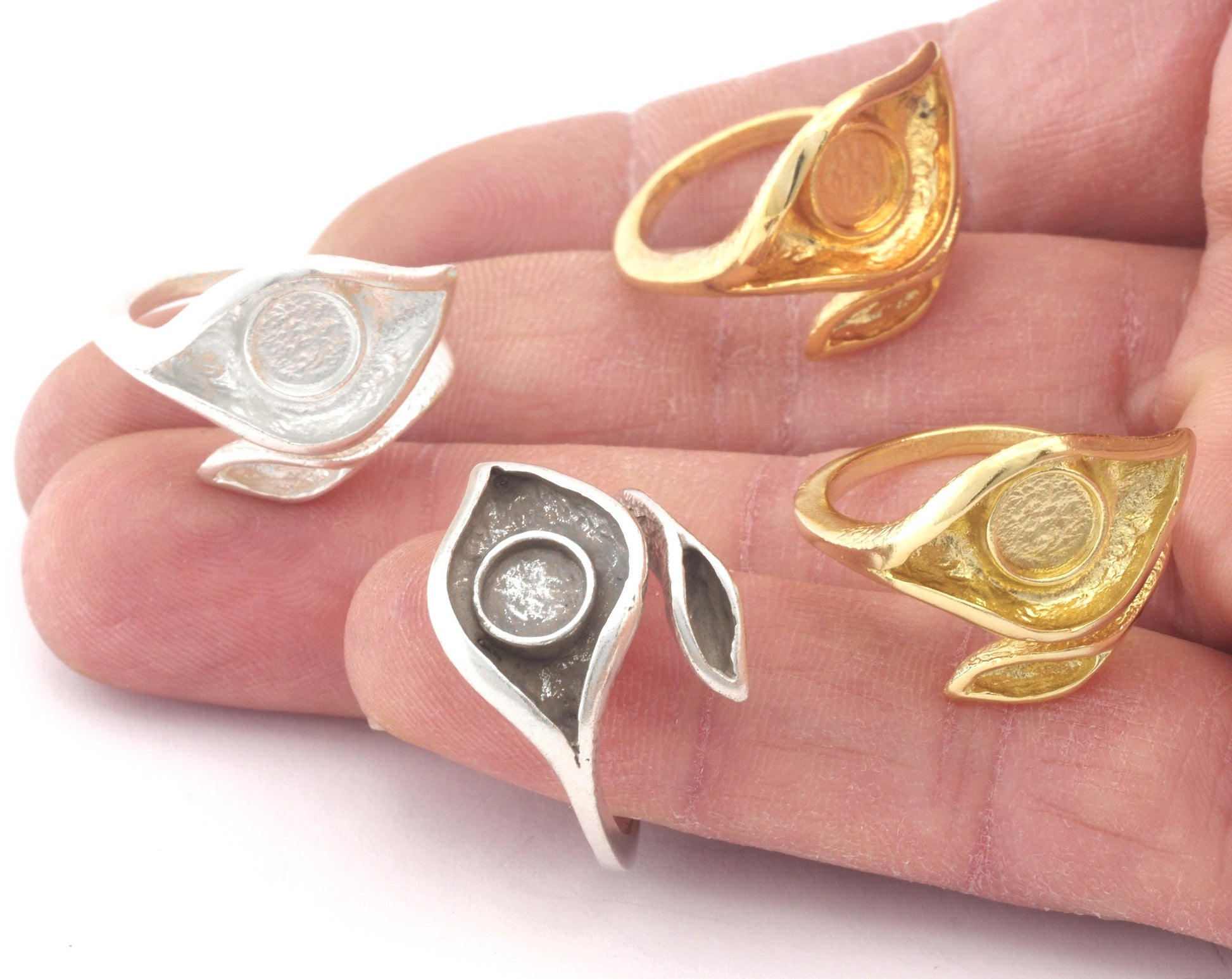 Leaf Eye Ring Adjustable Ring Bezel Raw Brass, Antique silver, Shiny Silver, Shiny Gold 6 mm Round Setting (7US - 9USinner size ) 4783