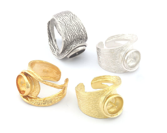 Adjustable Ring Half Drilled Pearl Bezel Raw Brass, Antique silver, Shiny silver, Shiny Gold 10 mm Round Setting (7US - 9US size ) 4788