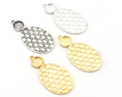 Oval Setting Blank Pendant Woven Textured Raw, Shiny, Antique Silver , Gold Plated Brass 42mm 1.5mm thickness 4777