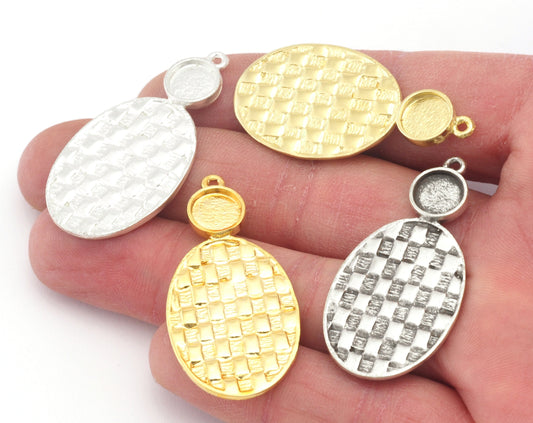 Oval Setting Blank Pendant Woven Textured Raw, Shiny, Antique Silver , Gold Plated Brass 42mm 1.5mm thickness 4777