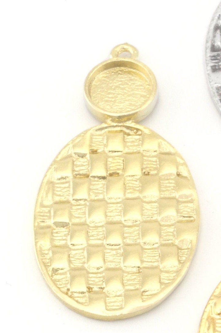 Oval Setting Blank Pendant Woven Textured Raw, Shiny, Antique Silver , Gold Plated Brass 42mm 1.5mm thickness 4777