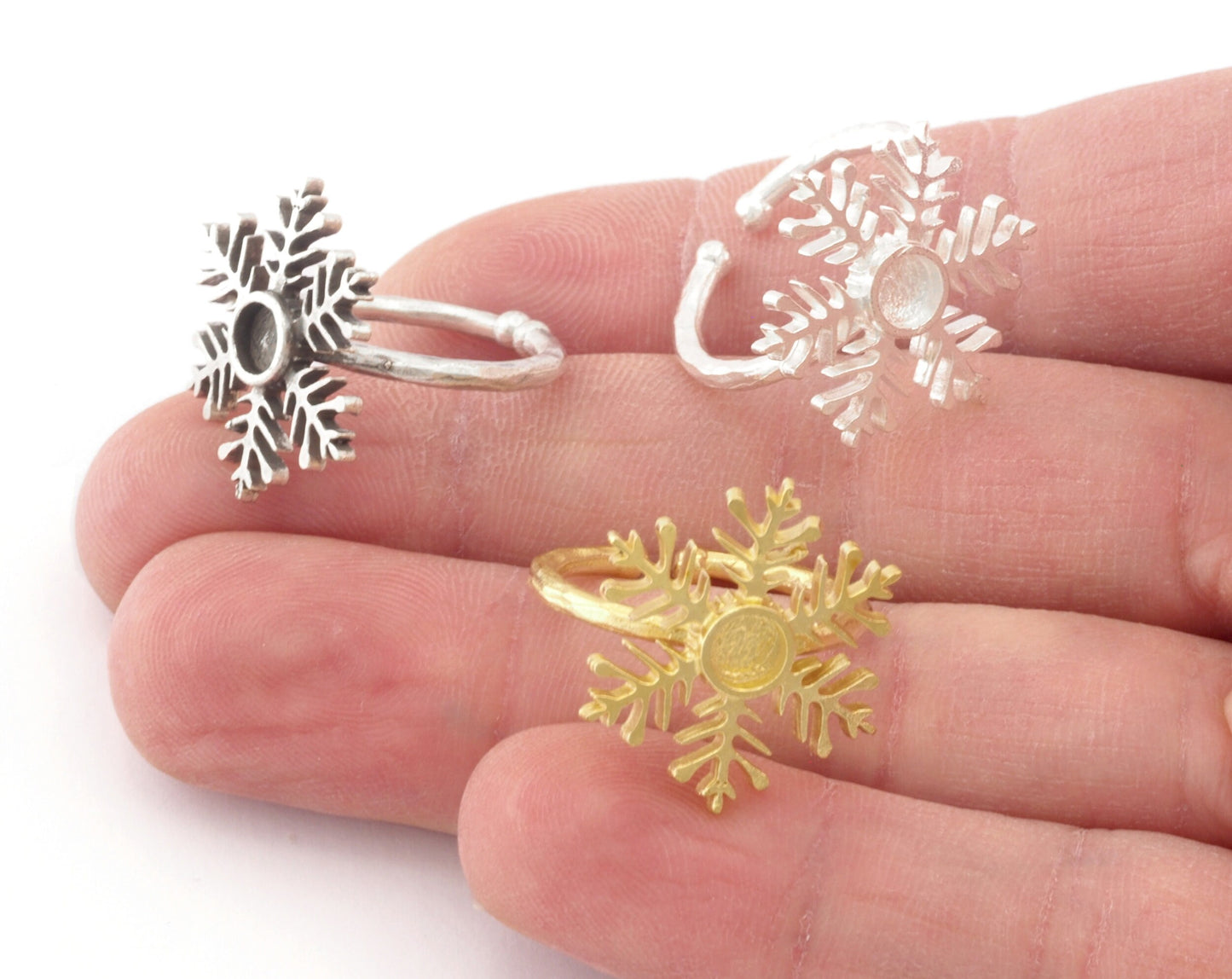 Snow Flake Winter Ring Base Adjustable (6-9US) Ring Blank Brass - Shiny - Antique silver - Shiny Gold plated (4mm blank) OZ4820