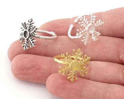 Snow Flake Winter Ring Base Adjustable (6-9US) Ring Blank Brass - Shiny - Antique silver - Shiny Gold plated (4mm blank) OZ4820