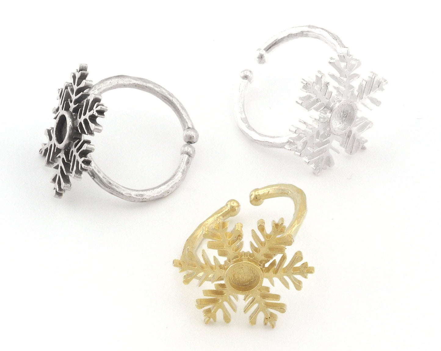 Snow Flake Winter Ring Base Adjustable (6-9US) Ring Blank Brass - Shiny - Antique silver - Shiny Gold plated (4mm blank) OZ4820