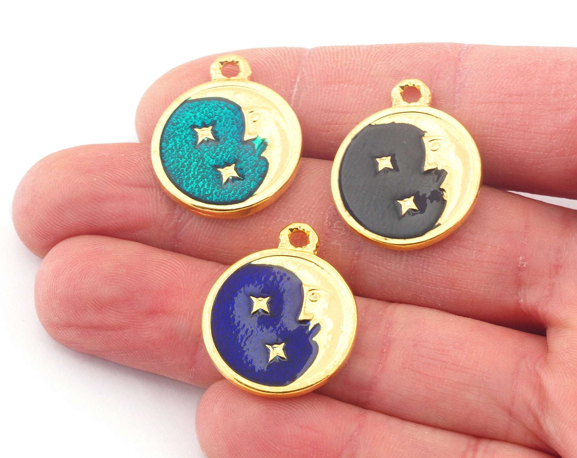 Crescent Moon Star Sky Enamel Round Charms Pendant Gold Plated Charms 26x21mm 4811