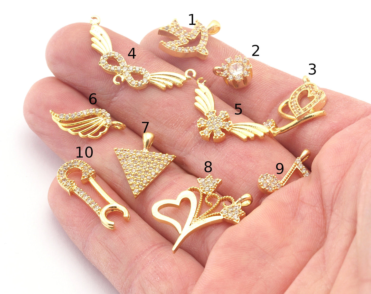 Fish Flower Heart Infinity Wings Note Charms Pendant Crystals Cubic Zirconia , Gold plated brass charms 4812